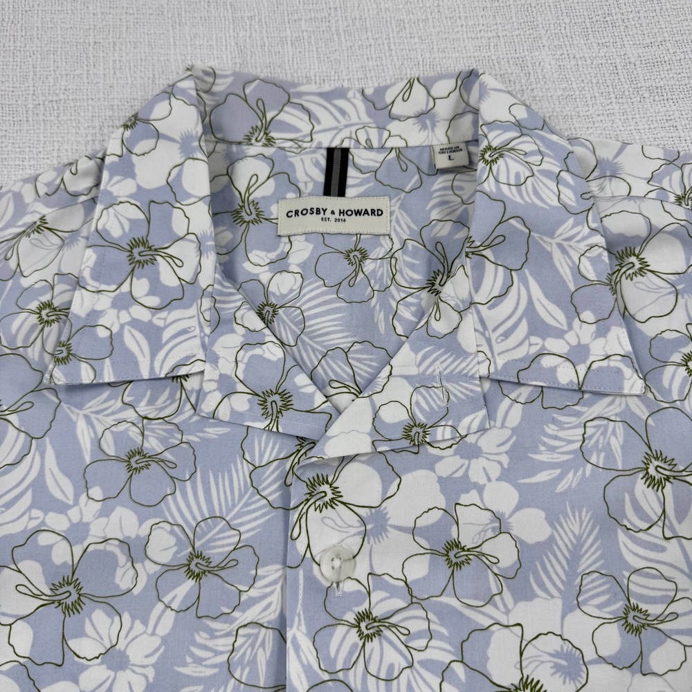NWT Crosby & Howard Mens Large Blue Floral Hibiscus Short Sleeve Button Up Shirt
